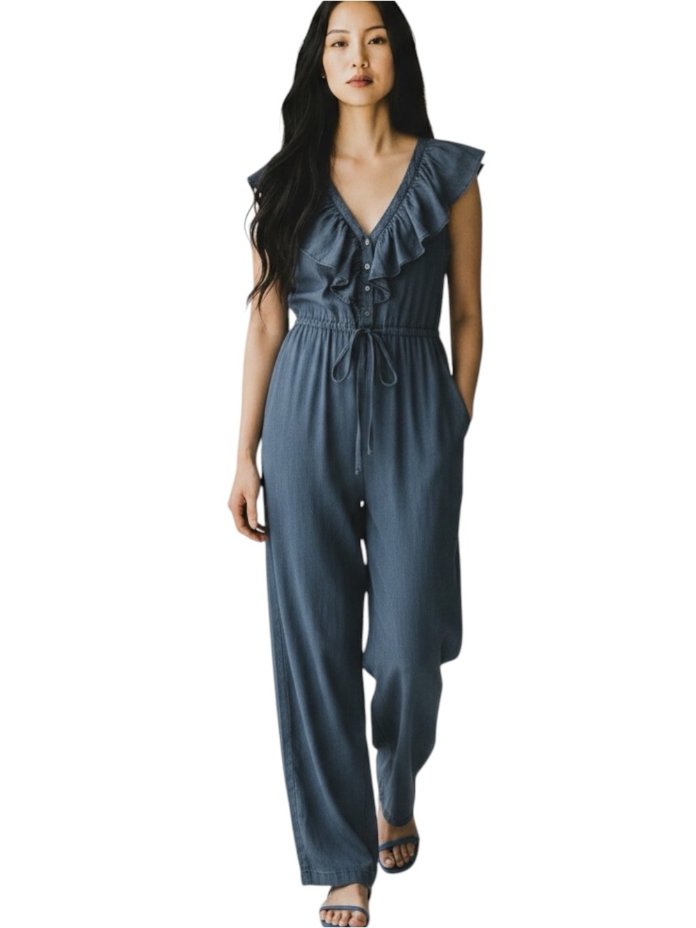 Anthropologie Current Air Blue Denim Chambray Prairie Jumpsuit NWOT Size S